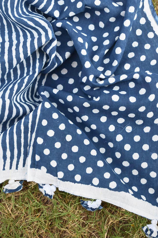 Elegant Indigo Hand block printed Cotton stole with cloth tassels