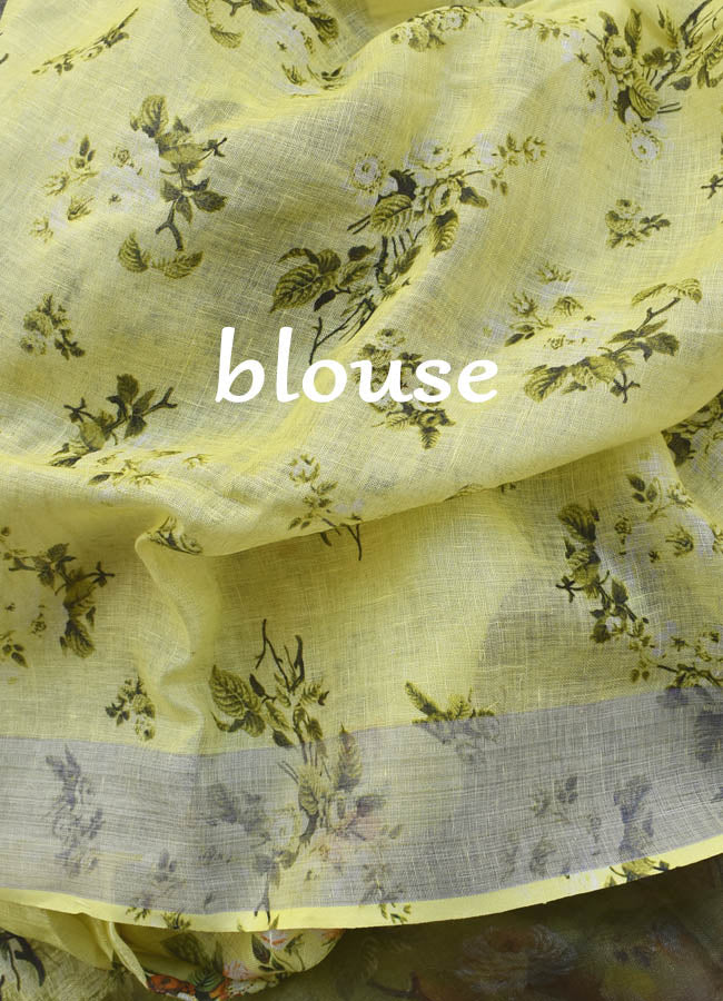 Digital print Linen saree with silver zari border & tassels