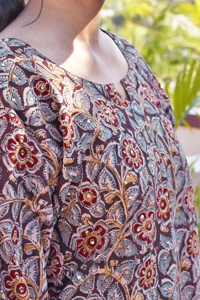 Machalipatnam Kalamkari Hand Block Printed Cotton Short Kurta with sequins on yoke - Size - 44