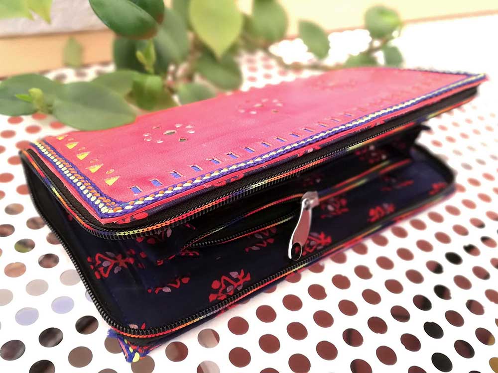 Handcrafted Kutch Punch craft Leather Clutch / Wallet with zipper