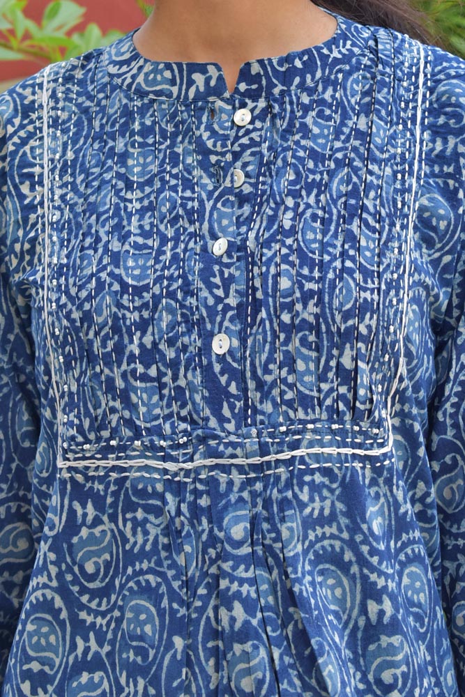 Hand Block Printed Indigo Cotton Kurta with Tagai & Pearl work - size 36,38