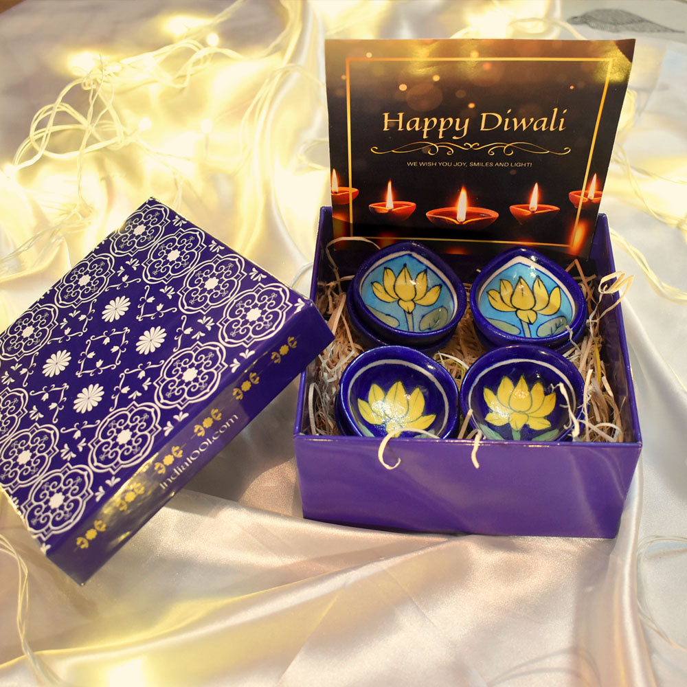 UTSAV Diwali Hamper with 8 Authentic Hand Painted Jaipur Blue Pottery  Diyas- उत्सव