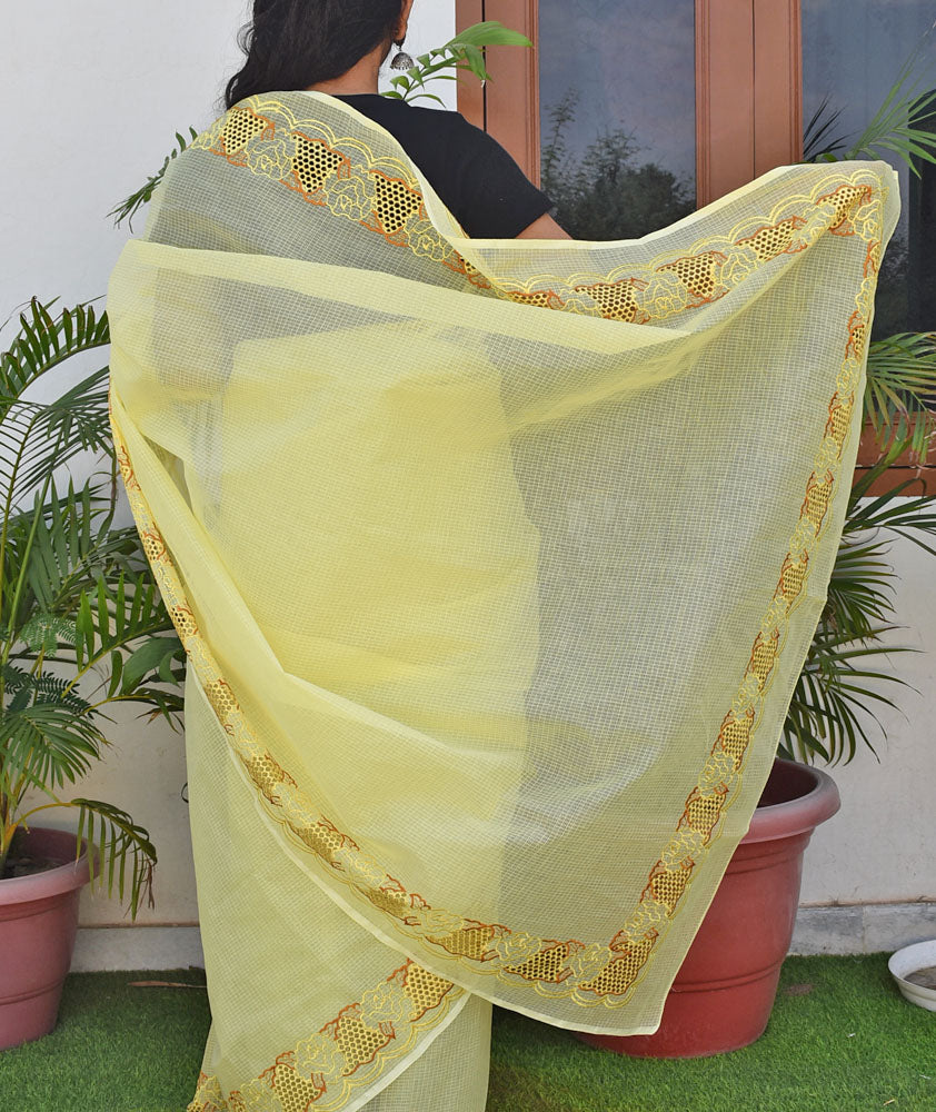 Elegant Kota Doria Cotton saree with Cut work & Embroidery ( with blouse piece)