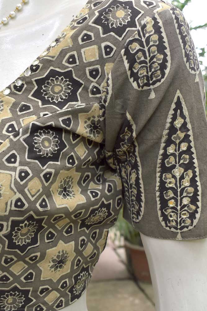 Hand Block Print Ajrakh Cotton Blouse with hand done mirror work -size 38 , 40, 42