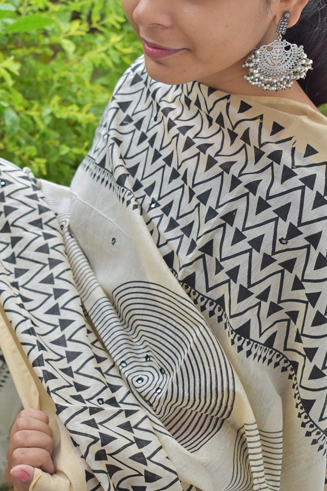 Elegant Noil Mix Cotton dupatta with Block Print & Mirror work