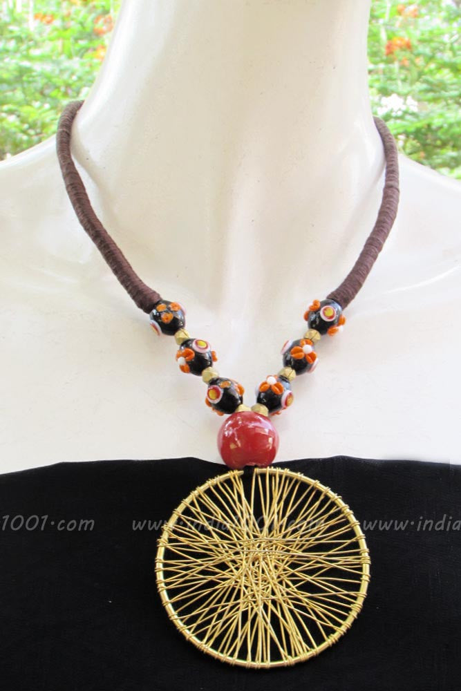 Thread necklace with Beads & Antique Pendant