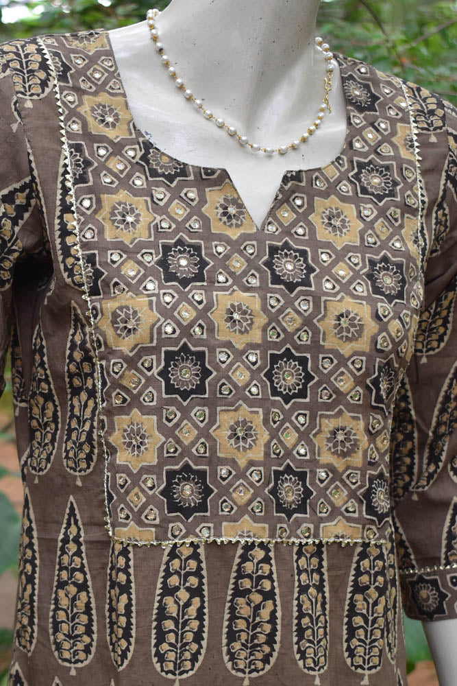 Hand Block Printed Ajrakh Cotton Kurta with Hand embroidery & gota borders