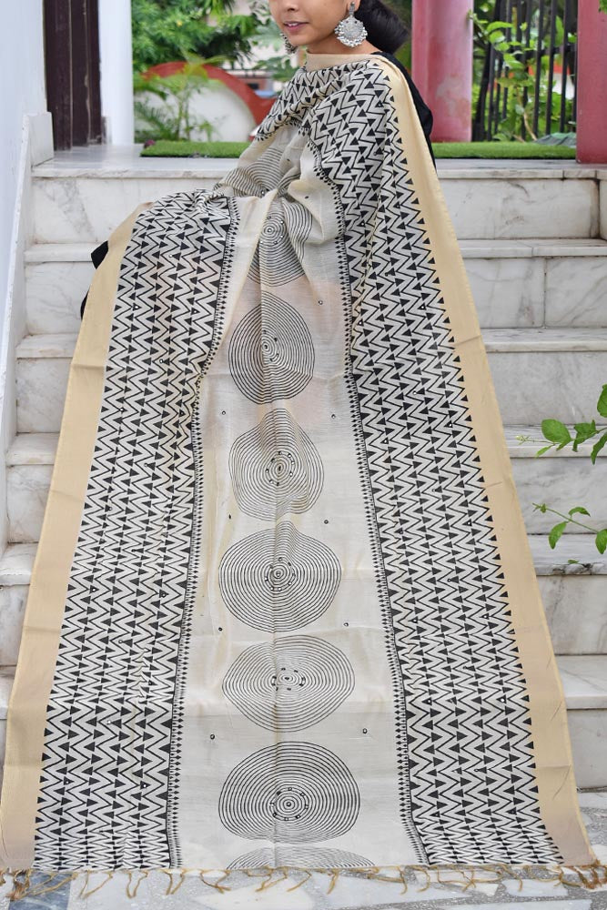 Elegant Noil Mix Cotton dupatta with Block Print & Mirror work