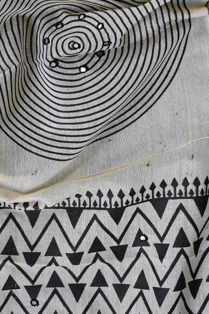 Elegant Noil Mix Cotton dupatta with Block Print & Mirror work