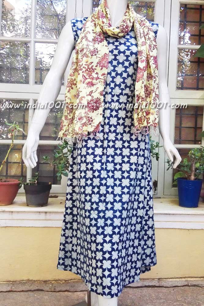 Elegant Block Printed Cotton Long Dress