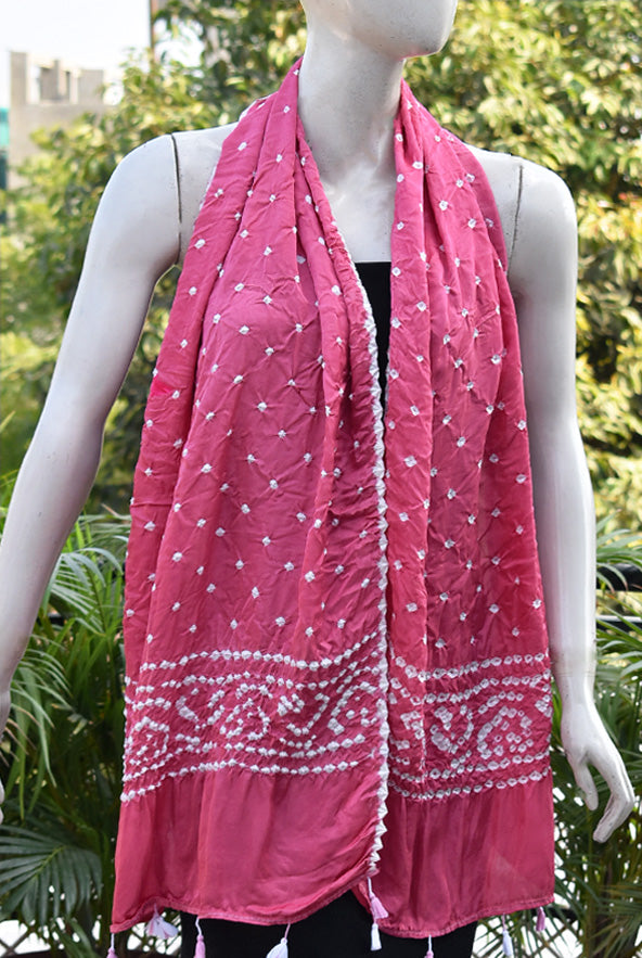 Beautiful Handcrafted Bandhani Modal Silk Stole with tassels