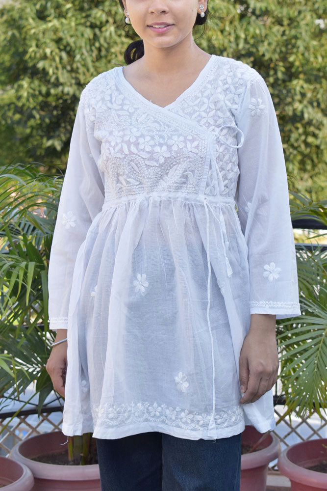 Elegant Soft Mul Cotton Short Top / Kurta with Hand Chikankari work - Size 36