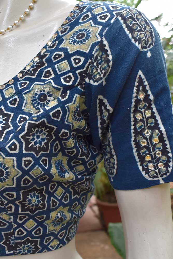 Hand Block Print Ajrakh Cotton Blouse with hand done mirror work - size 40