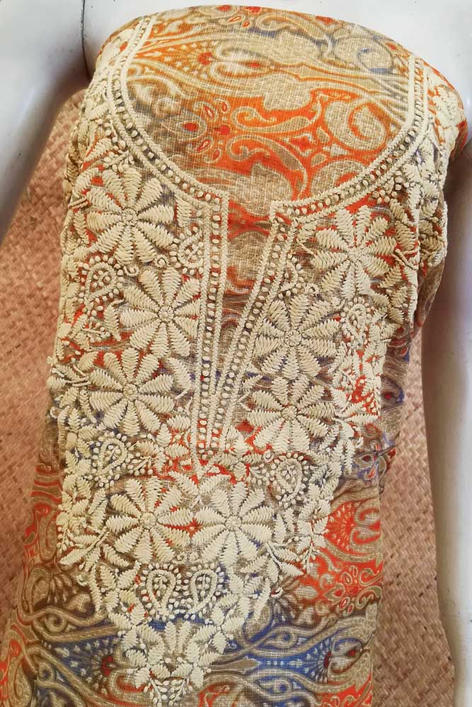Art Kota Silk Kurta Fabric with Hand Chikankari embroidery