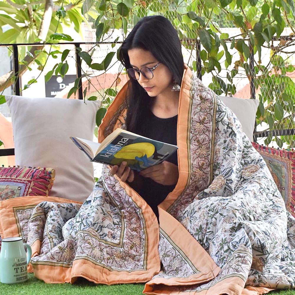 Pair of Reversible Jaipuri Cotton Single Quilt ( 2 single quilt set) with Hand Tagai work