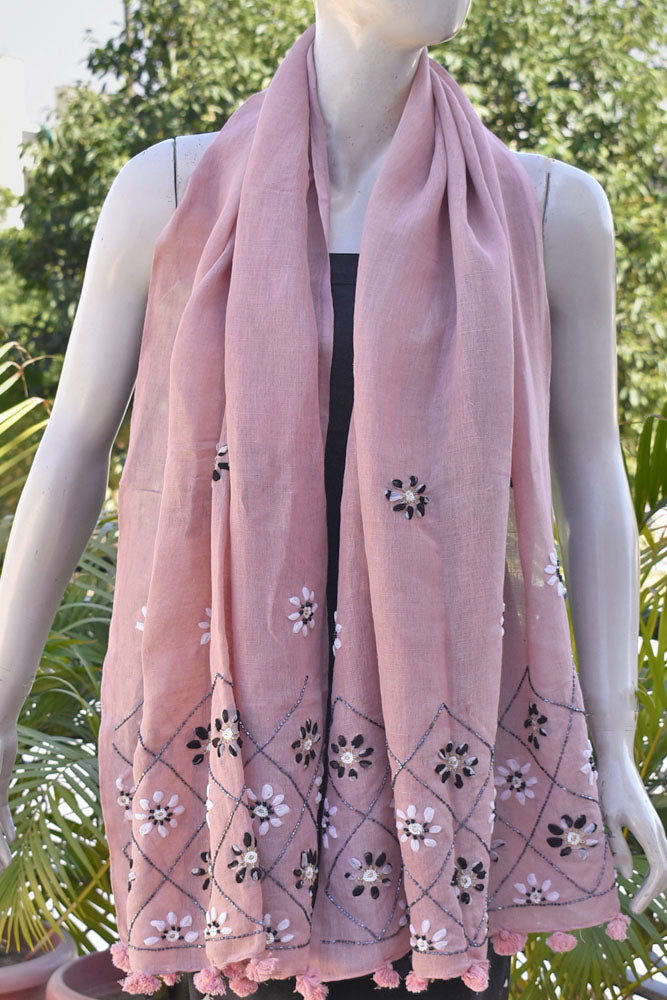 Beautiful Linen Stole with hand embroidery, embellishments & tassels