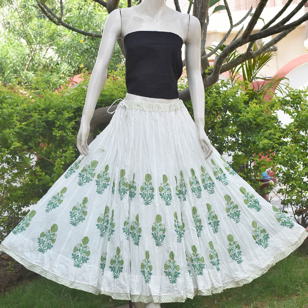 Beautiful Kalidar Block Printed Mul Cotton Skirt with Lining & Stitched borders