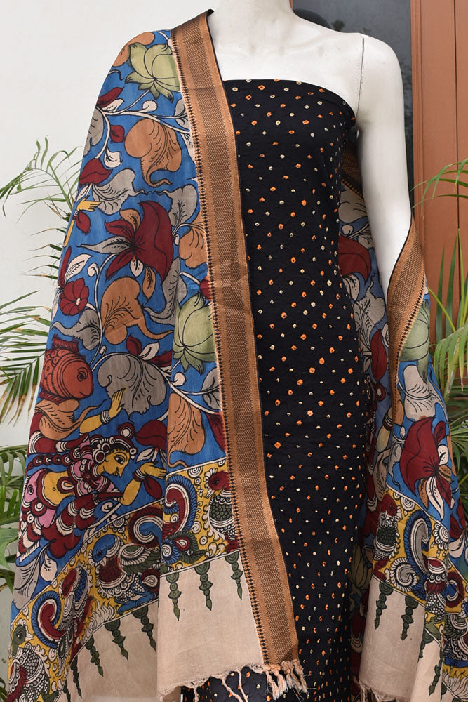 Intricate Pen Kalamkari Bangalore Cotton Silk Dupatta with Tie Dye Bandhani Cotton Kurta