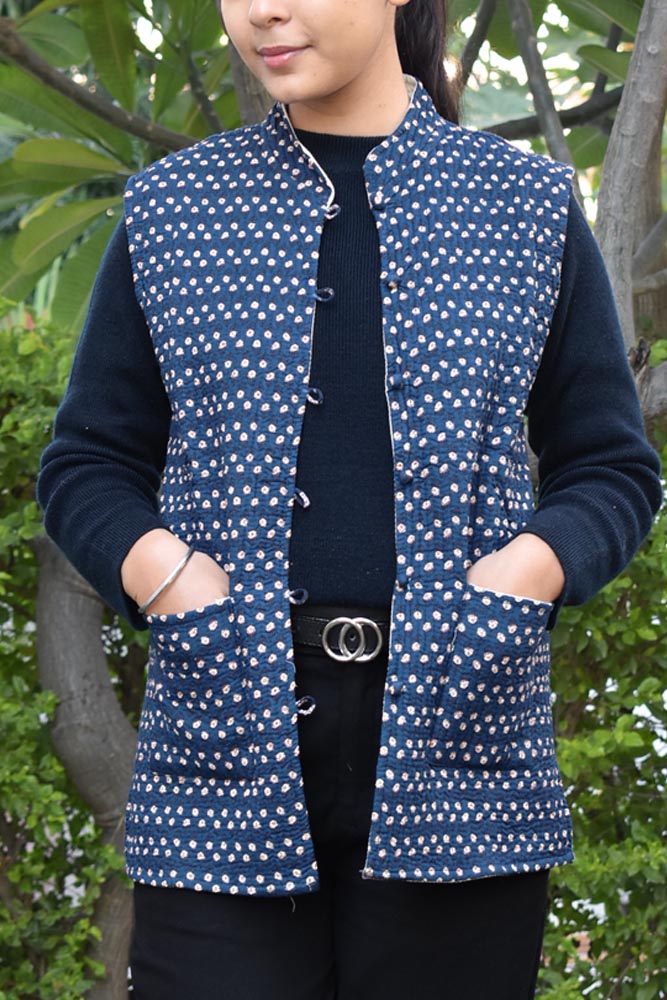 Block Print Quilted Reversible Sleeveless cotton jacket -Size 34 , 36