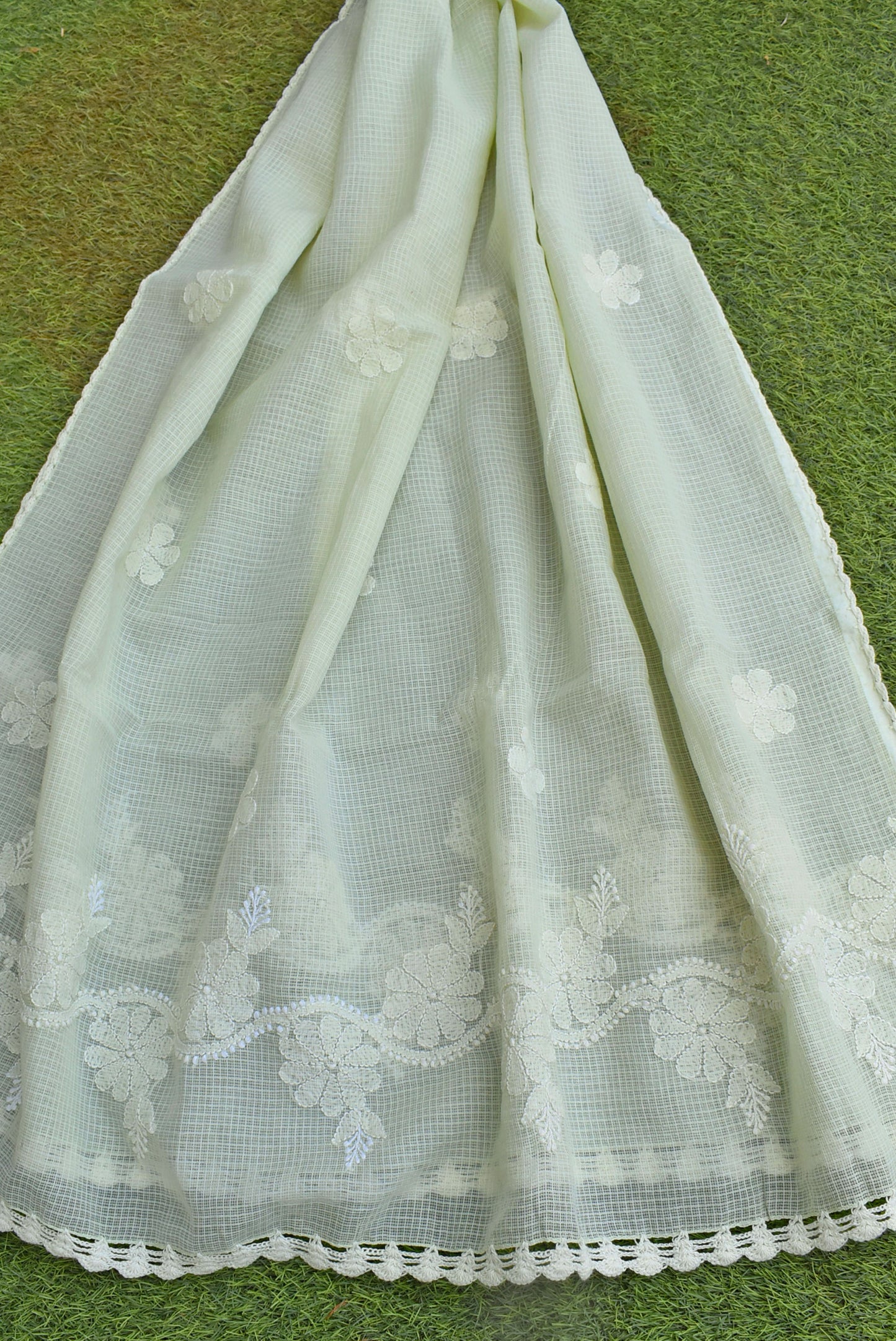 Summer Sorbet : Kota Cotton Dupatta with Hand Chikankari embroidery & crochet borders - Light Pista green
