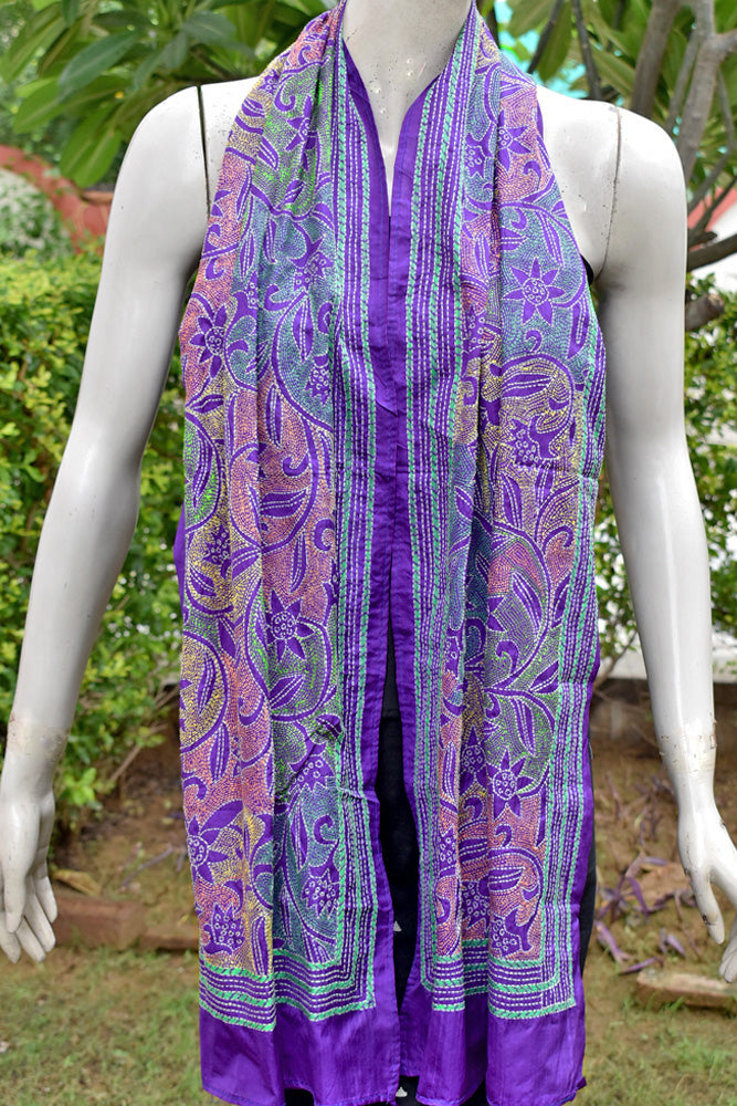 Elegant Hand Embroidered Kantha work Silk Stole