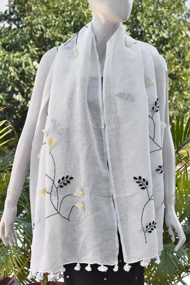 Beautiful Linen Stole with hand embroidery, embellishments & tassels