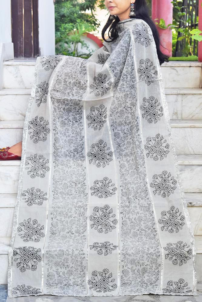 Elegant cotton dupatta with embroidery, block print & gota work