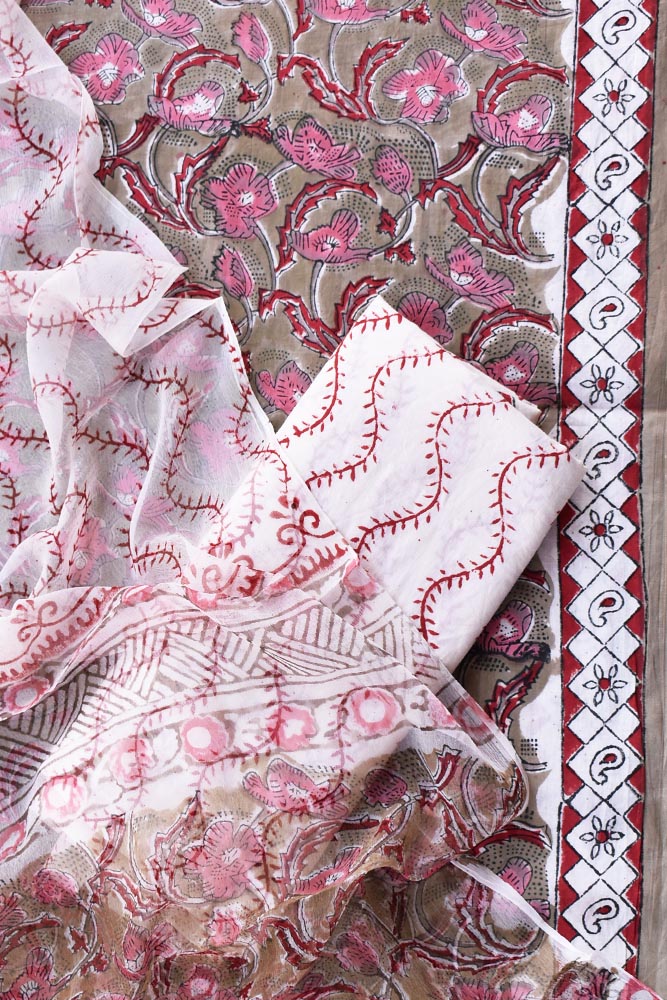 Beautiful Block Printed Cotton unstitched suit fabric with Chiffon dupatta