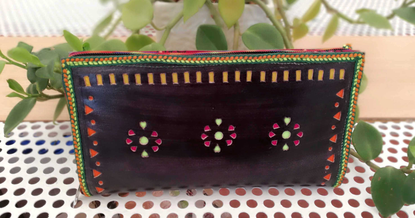 Handcrafted Kutch Punch craft Leather Clutch / Wallet with zipper