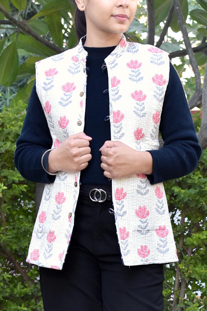 Block Print Quilted Reversible Sleeveless cotton jacket -Size 34 , 36