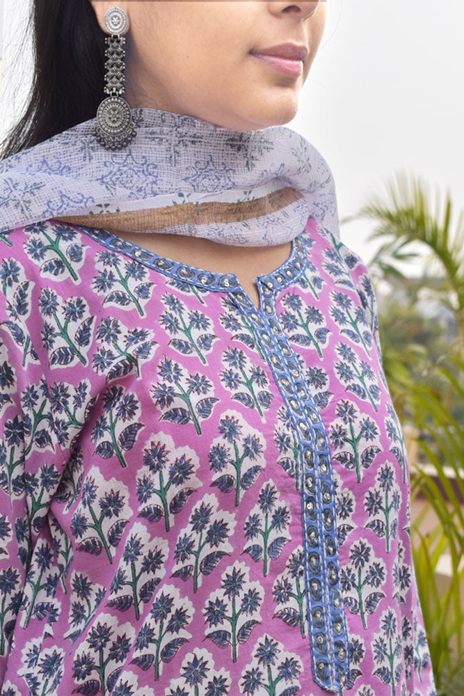 Hand Block Printed Cotton suit - Kurta , Dupatta & Pant - size 44