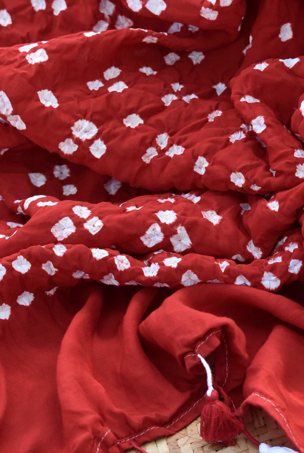 Beautiful Handcrafted Bandhani Modal Silk Stole with tassels