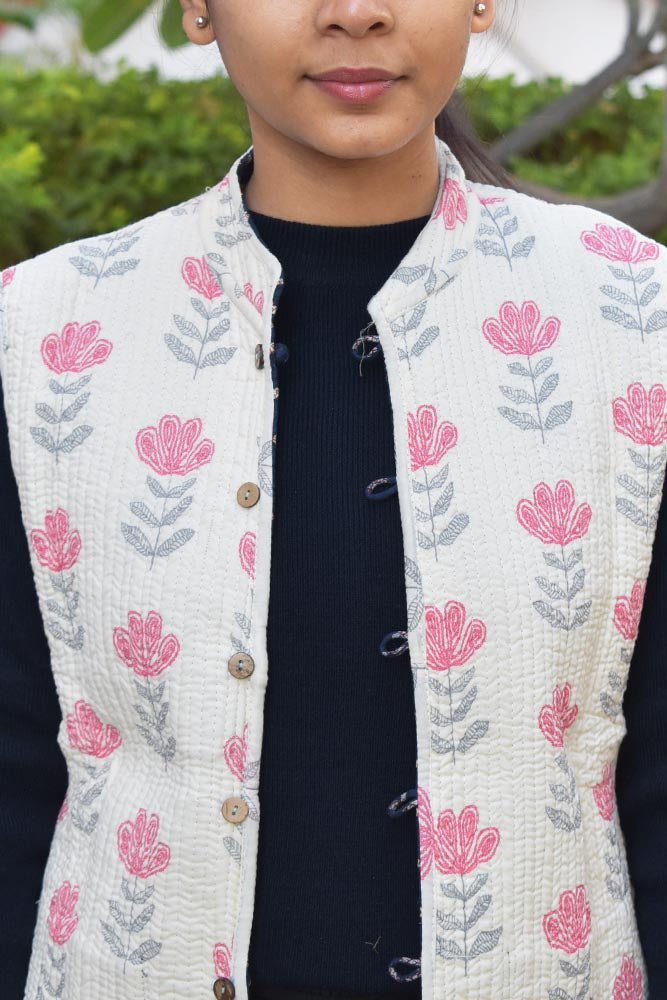 Block Print Quilted Reversible Sleeveless cotton jacket -Size 34 , 36