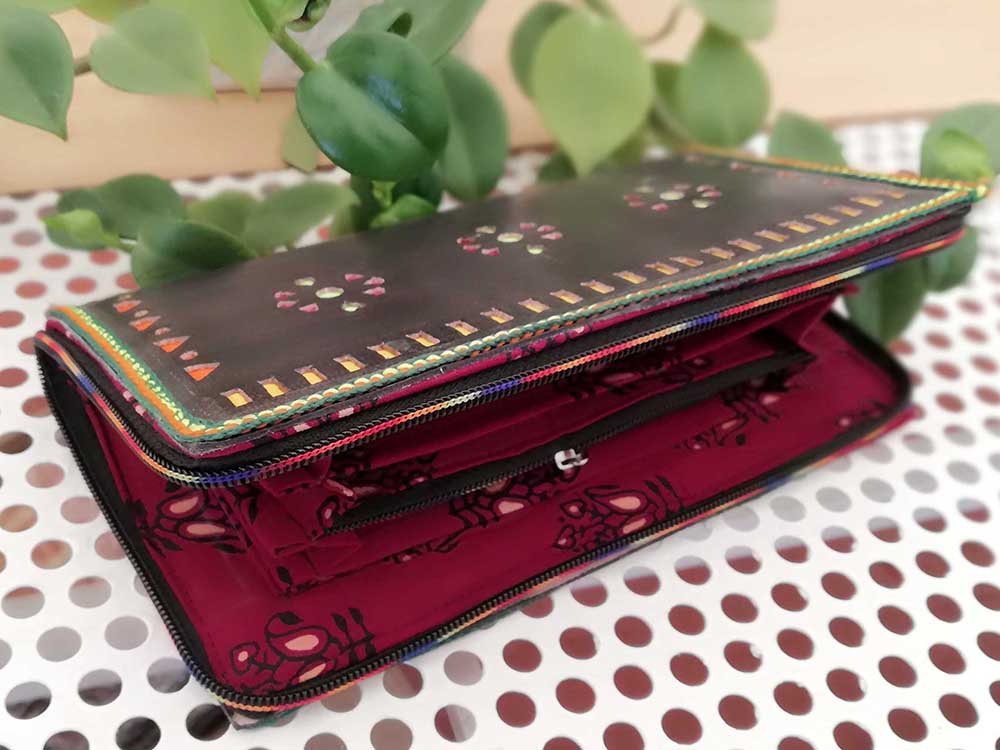 Handcrafted Kutch Punch craft Leather Clutch / Wallet with zipper