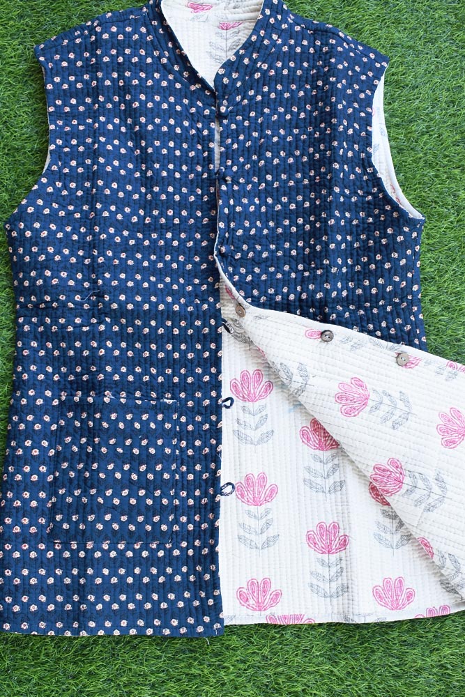 Block Print Quilted Reversible Sleeveless cotton jacket -Size 34 , 36