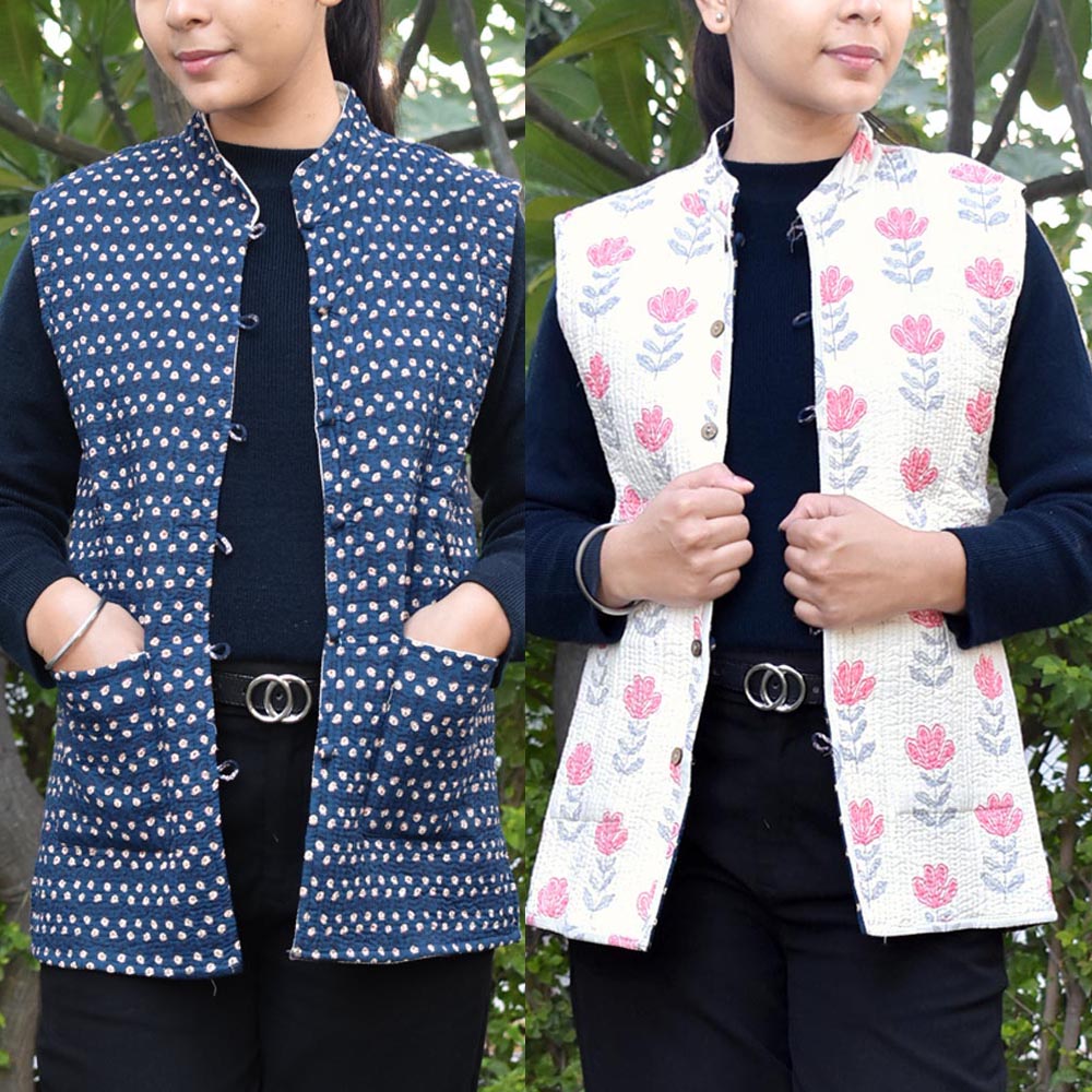 Block Print Quilted Reversible Sleeveless cotton jacket -Size 34 , 36