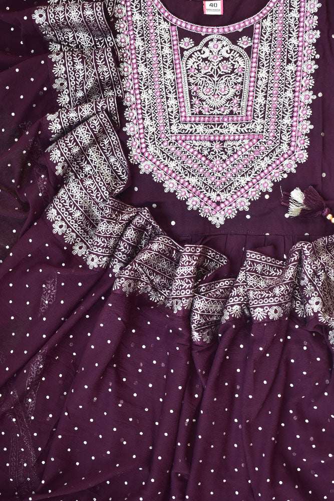 Festive Rayon cotton suit with embroidery & gold print with long side slit - Size 40