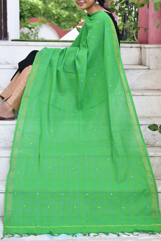 Handwoven Cotton dupatta with woven checks and with foil mirrors