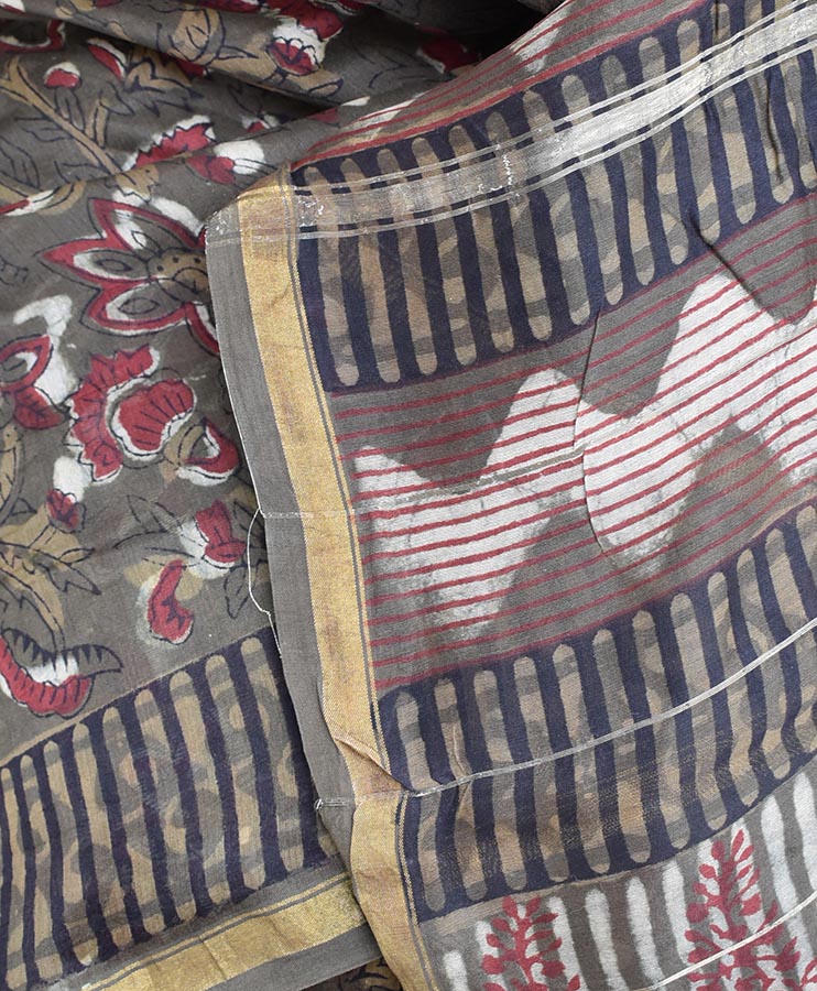 Elegant Chanderi Saree with Jahota ( Bagru + Dabu) Hand Block Print