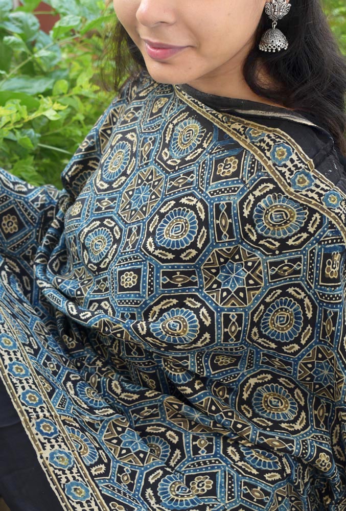 Elegant Modal Silk Ajrakh Block Print Dupatta with zari lagdi patta palla & Tassels
