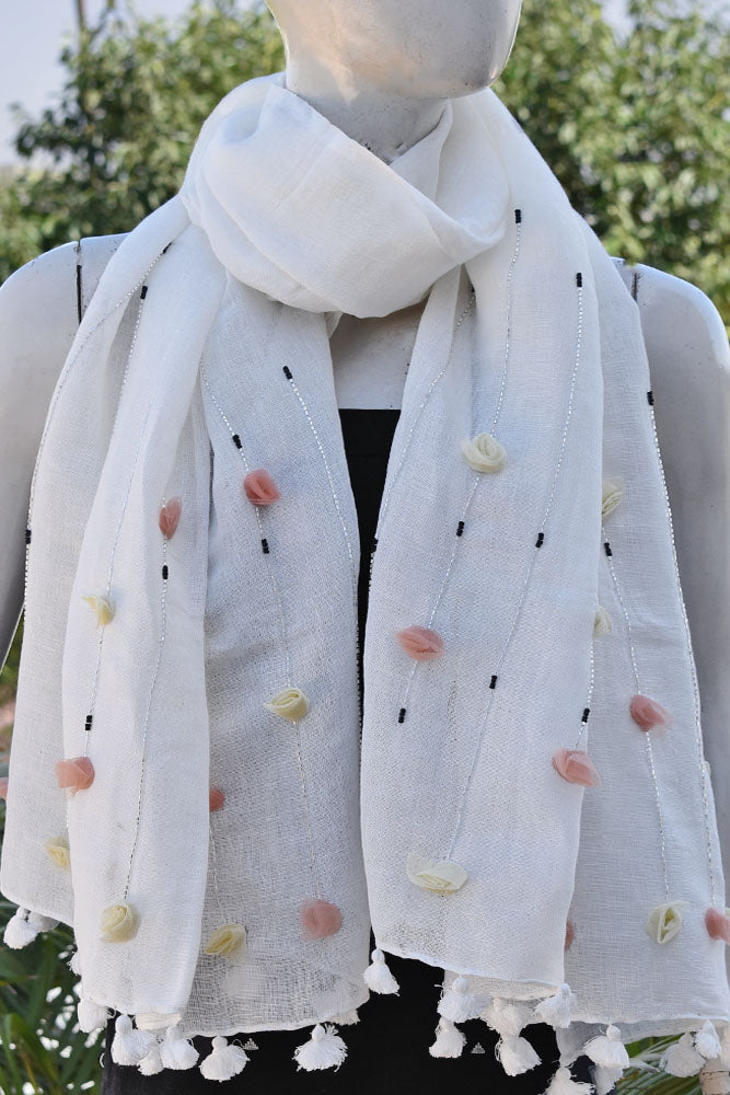 Beautiful Linen Stole with hand embroidery, embellishments & tassels