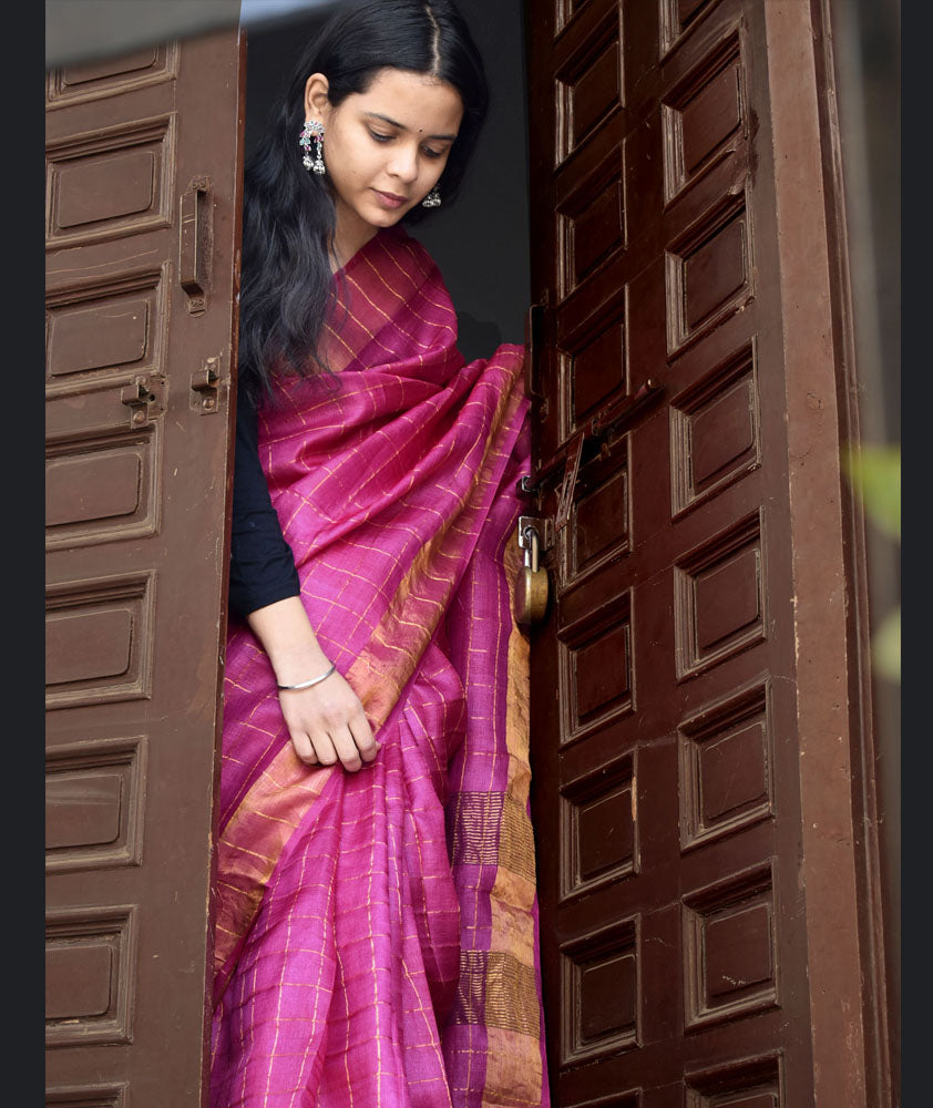 Beautiful Tussar Silk Saree with Woven Zari Checks & Zari border