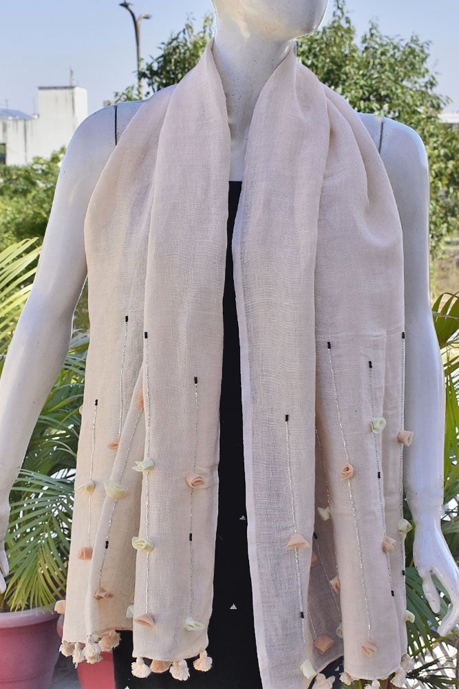 Beautiful Linen Stole with hand embroidery, embellishments & tassels