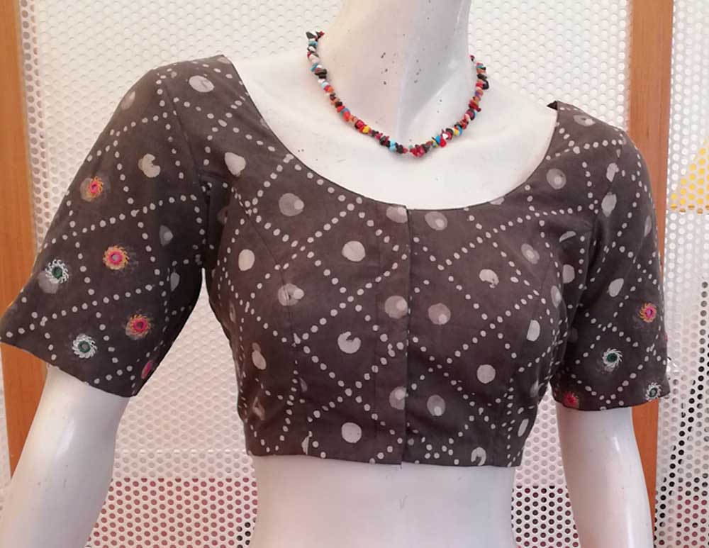 Dabu Block Print Cotton Blouse with Kutch Hand Embroidery size - 42