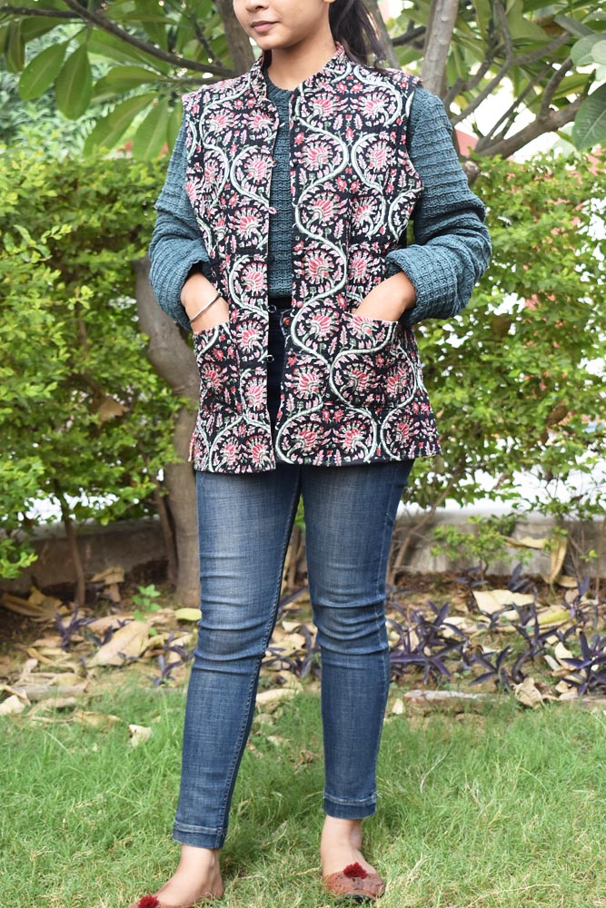 Block Print Quilted Reversible Sleeveless cotton jacket -Size 40