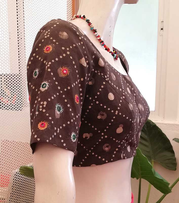 Dabu Block Print Cotton Blouse with Kutch Hand Embroidery size - 42