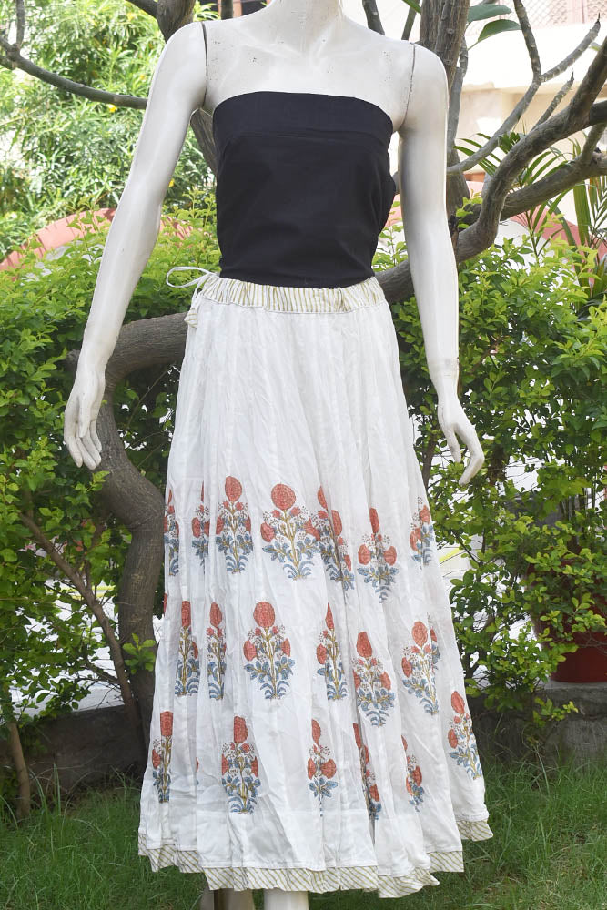 Beautiful Kalidar Block Printed Mul Cotton Skirt with Lining & Stitched borders