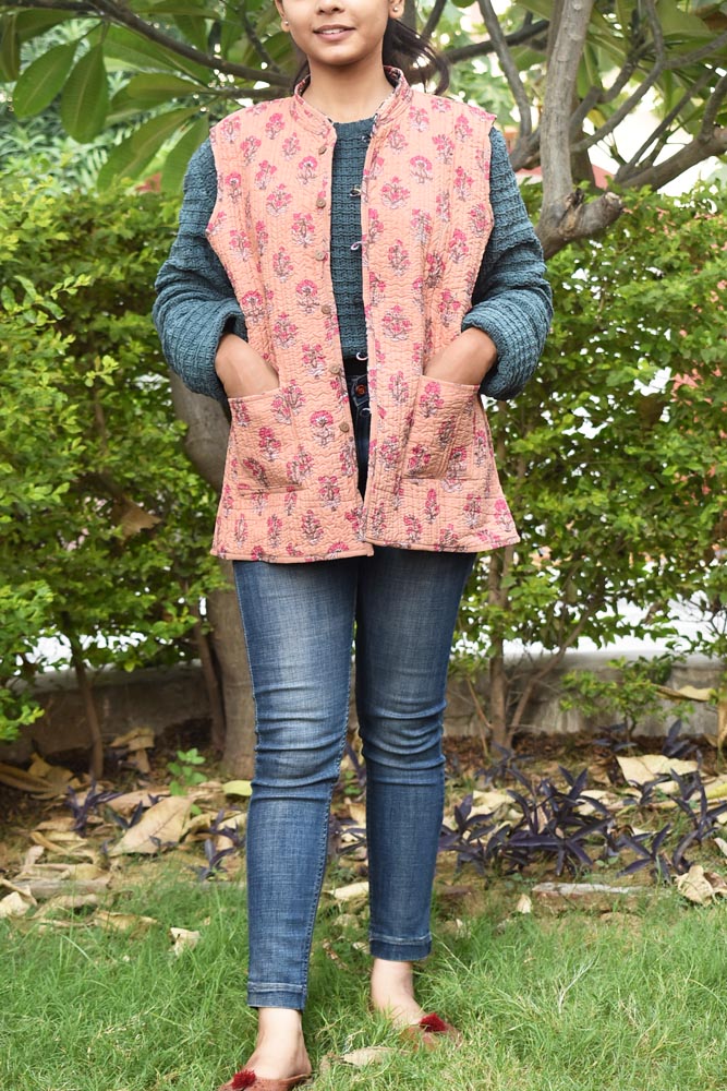 Block Print Quilted Reversible Sleeveless cotton jacket -Size 40
