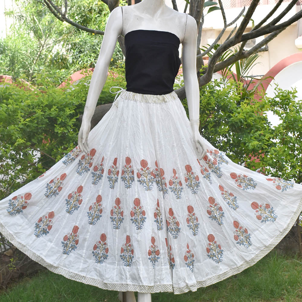 Beautiful Kalidar Block Printed Mul Cotton Skirt with Lining & Stitched borders