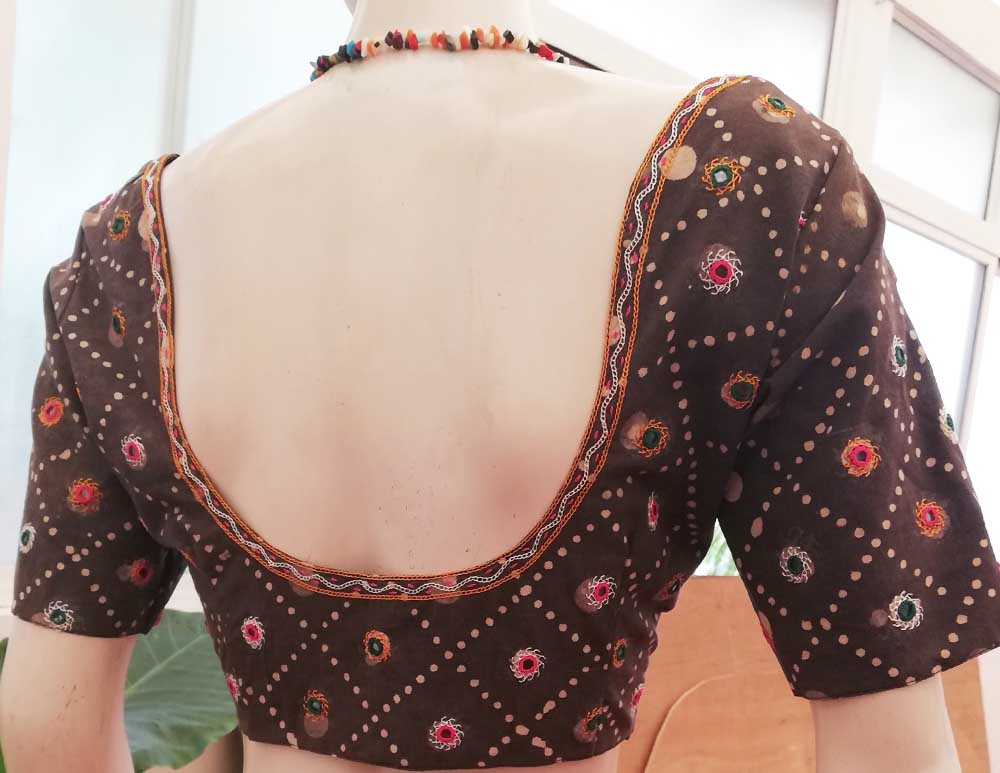 Dabu Block Print Cotton Blouse with Kutch Hand Embroidery size - 42